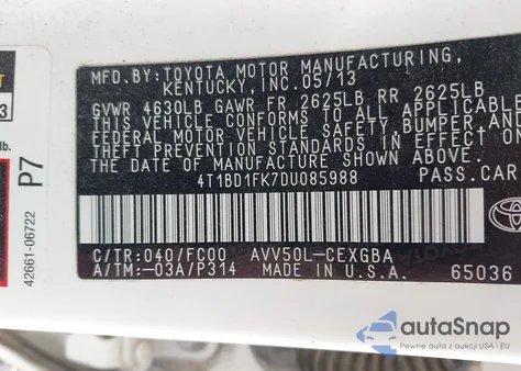 2013 Toyota Camry Hybrid Xle из США, поврежденный, VIN 4T1BD1FK7DU085988